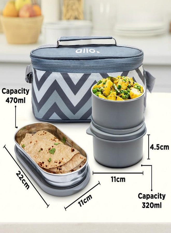Allo Microwave Safe Steel Lunch Box for Office with Bag for Men and Women, Air Tight & Leak Proof Stainless Steel Tiffin for Office, School, College, Set of 3 with Chevron Grey Bag - Image 3